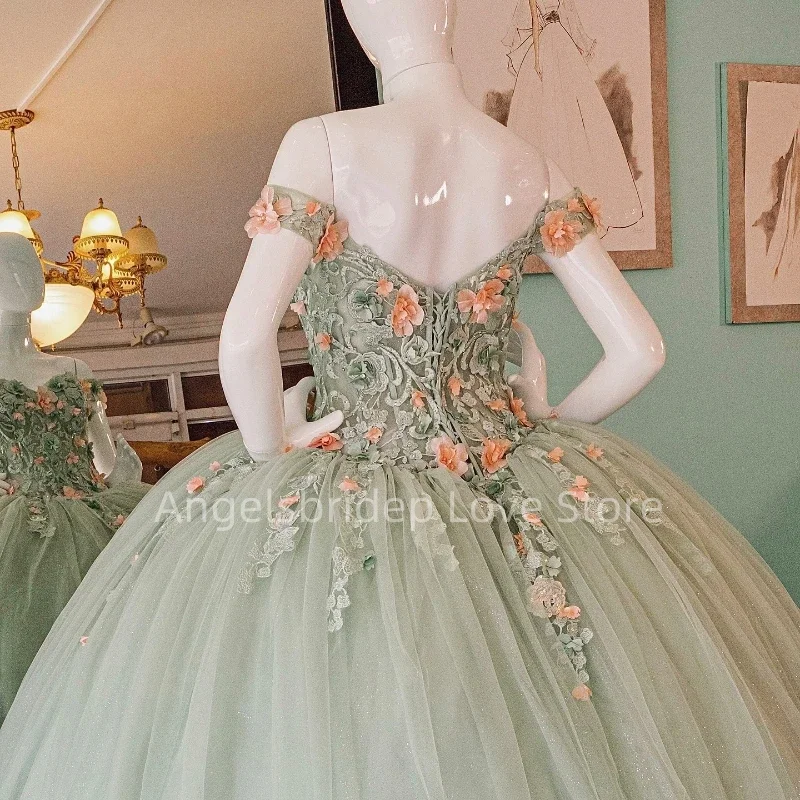 Angelsbridep-Vestido De princesa verde salvia para quinceañera, Vestido De baile con hombros descubiertos, Apliques De encaje con cuentas, Tull dulce 16, 15 Años