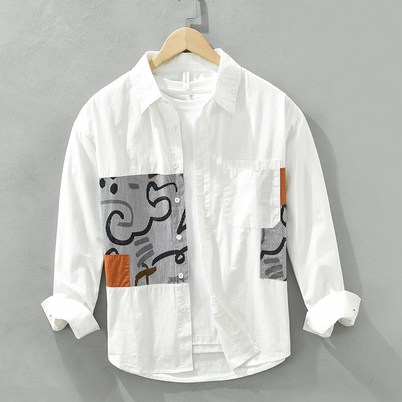 

Autumn New Long Sleeve Shirt for Men Turn-down Collar Loose Print Patchwork Shirts Fashion Men's Clothing