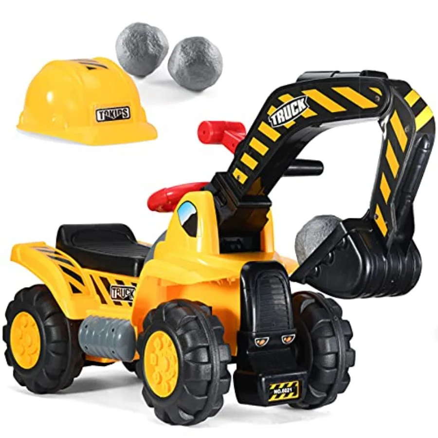 Toy Tractors for Kids Ride On Excavator - Music Sounds Digger Scooter Bulldozer Includes Helmet with Rocks - Pretend Play - Todd