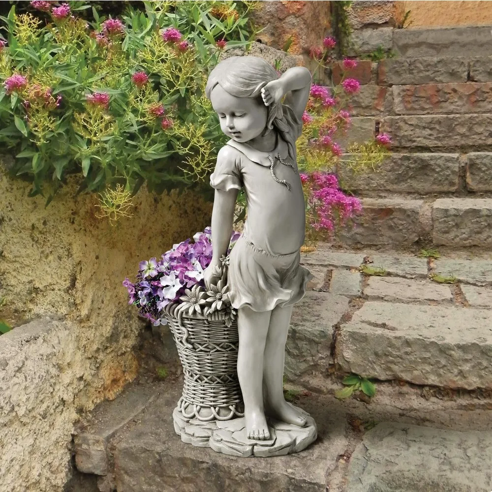 Garden Statue with Flowerpot, 10 Inches Wide, 8 Inches Deep, 21 Inches High, Hand Cast Resin, Antique Stone Veneer