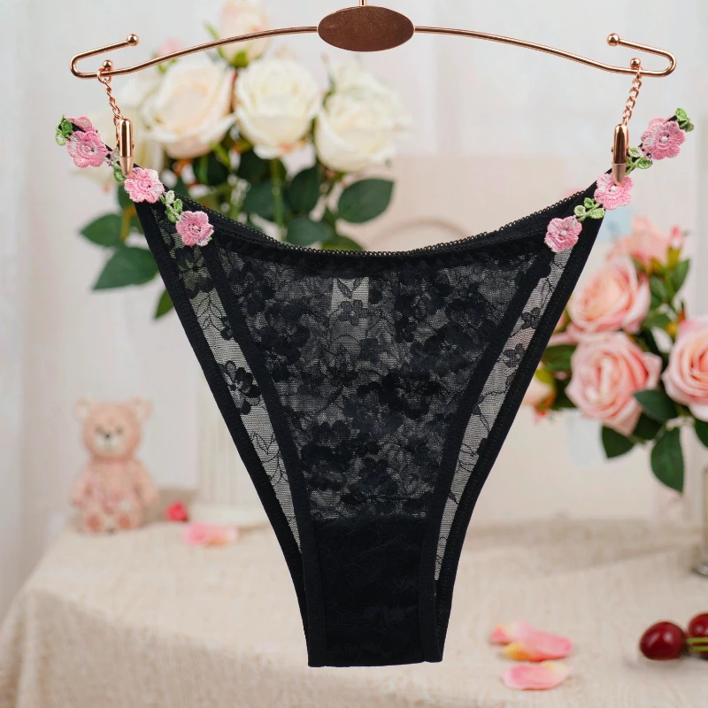 Bestickte Blumenspitze Damenunterwäsche Niedrige Taille Transparente Netz-Slips Romantische Blumendekoration Damen-Slips – Detail 1