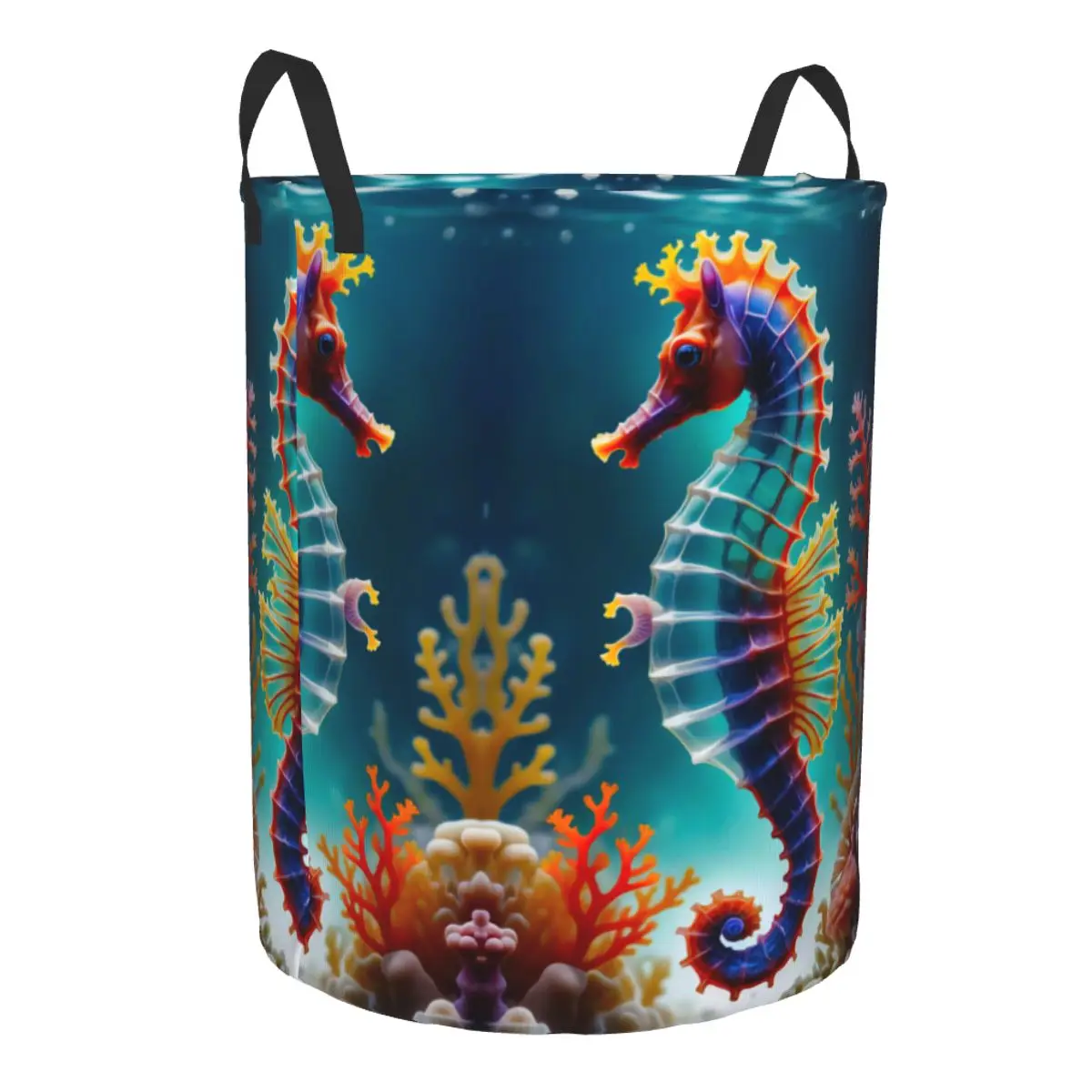 Folding Laundry Basket Seahorse Hippocampus Swimming Round Storage Bin Hamper Collapsible Clothes Bucket Organizer