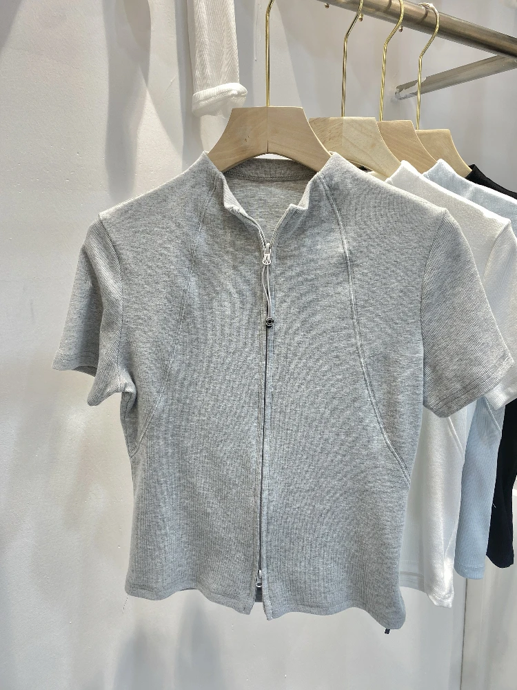 T-shirt ort Sve slim fit con doppia cerniera coreana Sle Commute Top da donna in poliestere di colore puro estivo nuovo arrivo