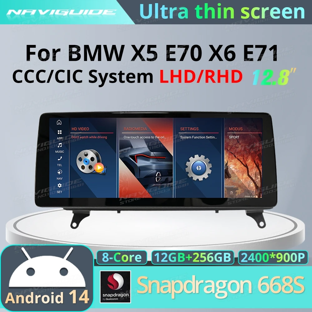 

NAVIGUIDE 12.8inch Android 14 Ultra-thin Screen For BMW X5 E70 X6 E71 Multimedia Player Wireless Carplay Android Auto Smart Navi