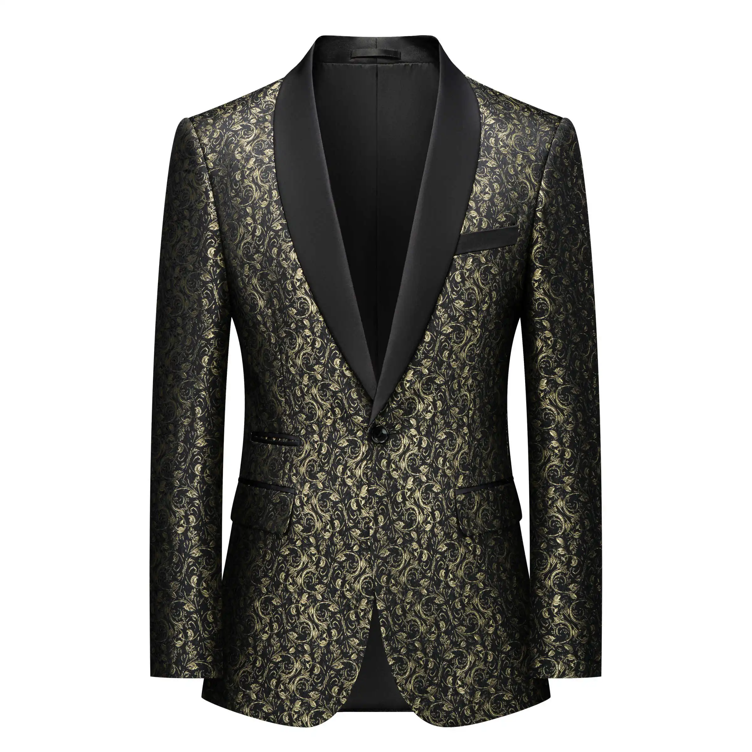 화려한 황금 장미 무늬 자카드 직물 1 조각 웨딩 정장 남자 플랩 포켓 노치 비즈니스 오피스 착용 맞춤형