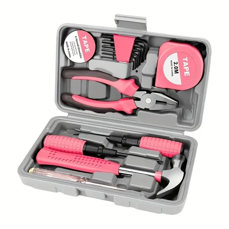 Hi-Spec 13pc Pink Yellow Household Tool Set Home & Office Hand Tool Kit Gril Lady Women Home DIY Gift Tools Pliers Spirit Level