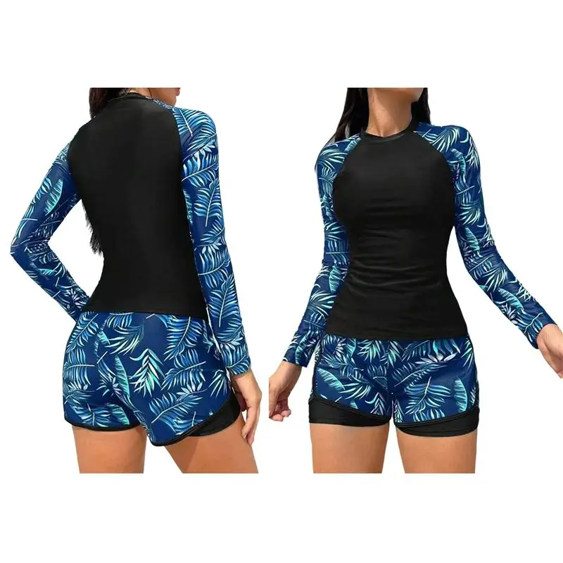 Rash Guard à manches longues pour femme – Maillots de bain 2 pièces avec soutien-gorge intégré, chemise et short de bain