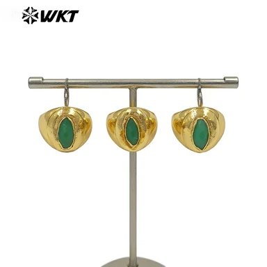 WT-R575 Classic&Retro Style Oval Green Jade Stone Paved Fine Texture Brass Adjustable Ring For Unisex Daily Decorated