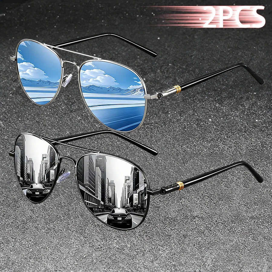 2 Stück Klassische Vintage Pilotenbrille mit Metallrahmen, Unisex, zum Angeln und Autofahren, Hochwertige Sonnenbrille, Modische Reise-Sonnenbrille