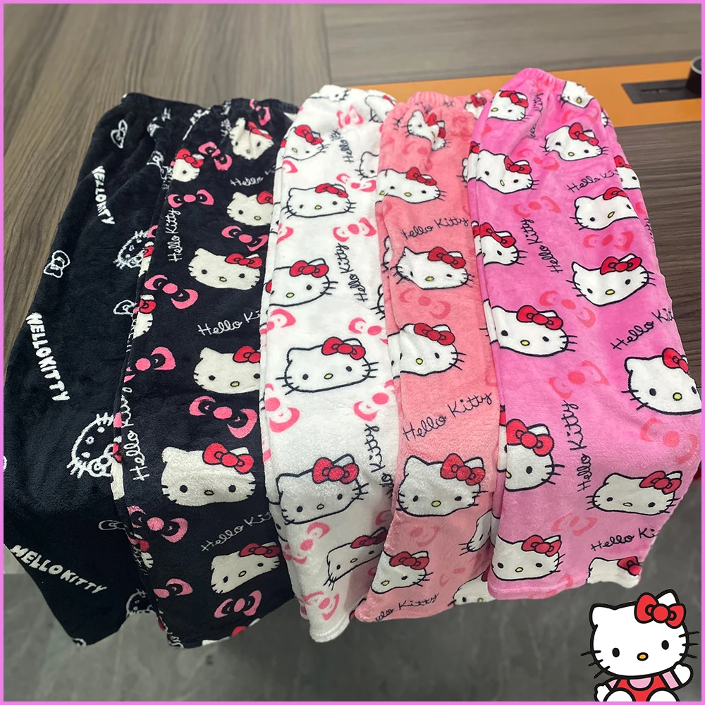 Christmas Hello Kitty Pajamas Pants Halloween Flannel Fashion Trousers for Women Kawaii Anime Cartoon Y2K Casual Homewear