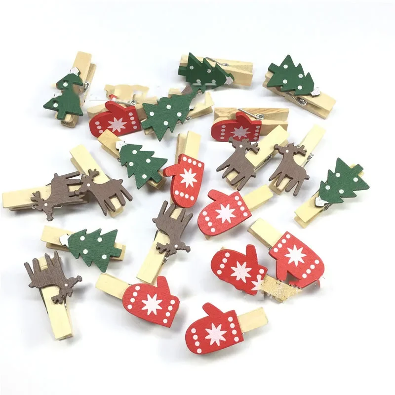 12 Pc Christmas Tree Wooden Clips For Photo Clips Clothespin Craft Decoration Clips Pegs Snowflake Gloves ELK Hanging Navidad