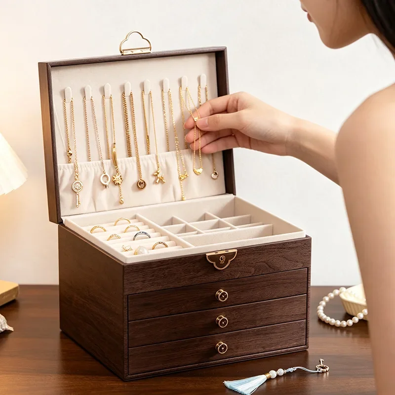 DSA walnut pattern jewelry box, high-end exquisite gold jewelry, stud earrings, necklace, ring, large-capacity anti-oxidation