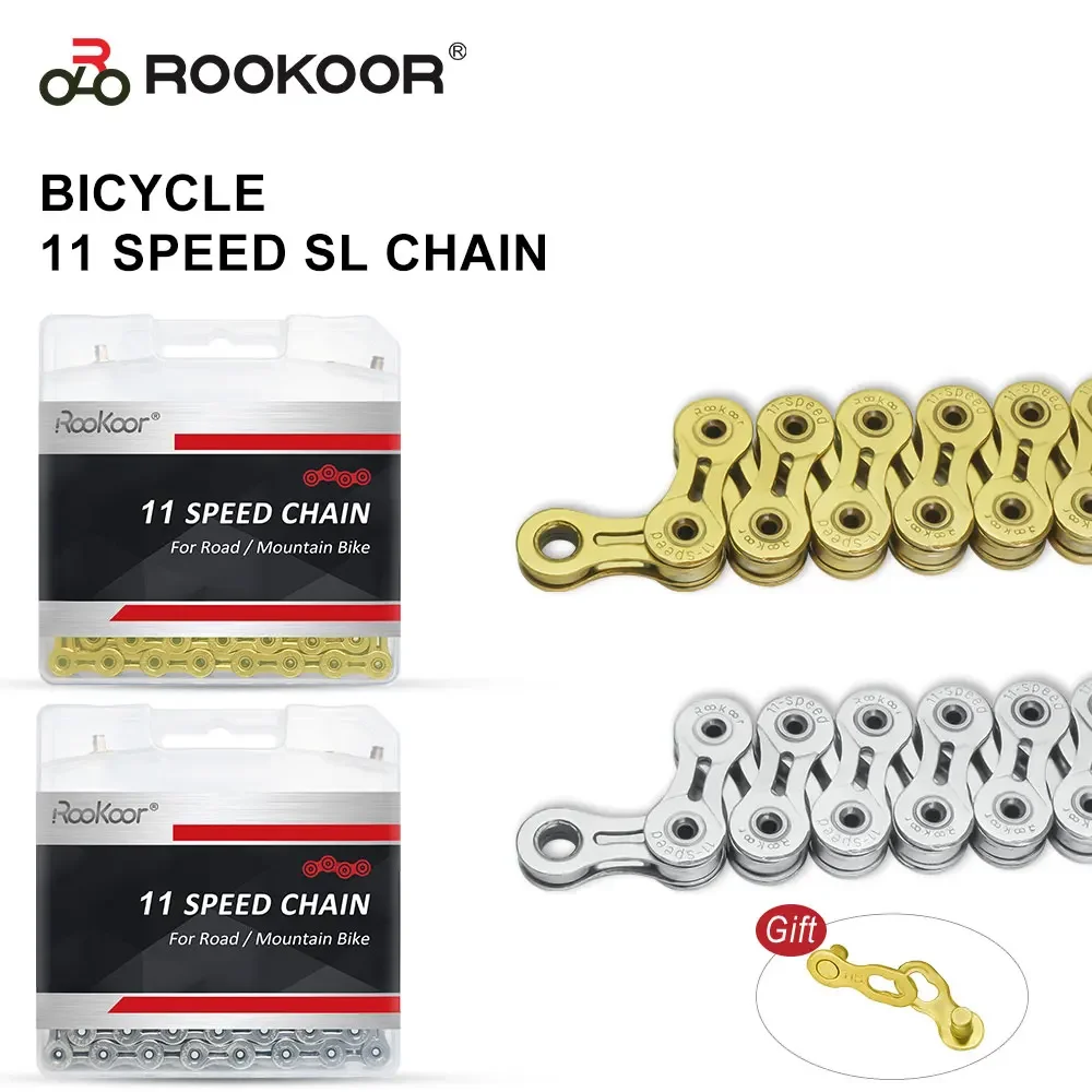 Rookoor Bicycle Chain 11 Speed Titanium Plated SL Full Hollow Chains For Road MTB Bike Cycling Accessories 116 Links Gold Silver