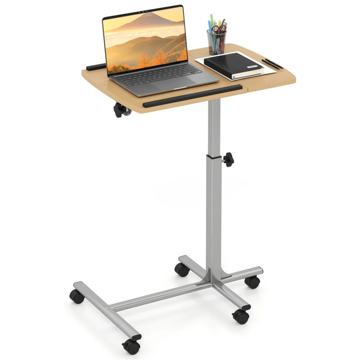 Adjustable Laptop Desk Cart, 24.5”-36” Height & Tilt Angle Mobile Workstation with Lockable Wheels, Natural