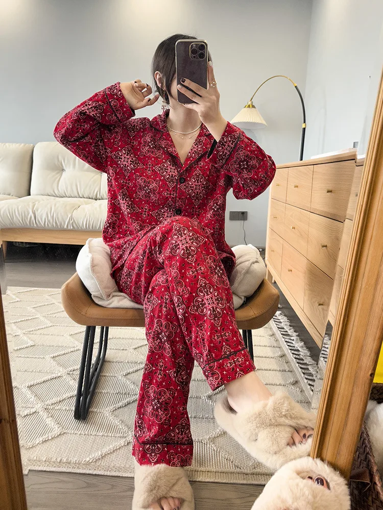 Damen Niedlicher Cartoon-Druck 100% Baumwolle Gebürstetes Pyjama-Set Frühling Herbst Langarm-Oberteil Lange Hose 2-teilig Loungewear Homewear – Detail 40
