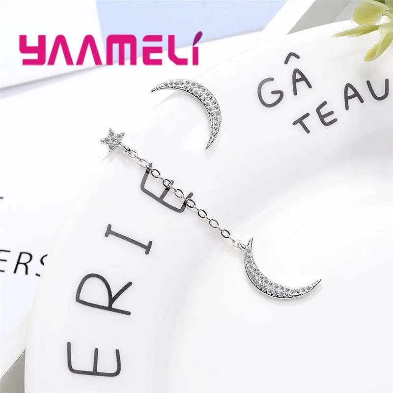 Women New Romantic Style Asymmetrical Moon Earrings Top Quality 925 Sterling Silver Cubic Zirconia Earrings