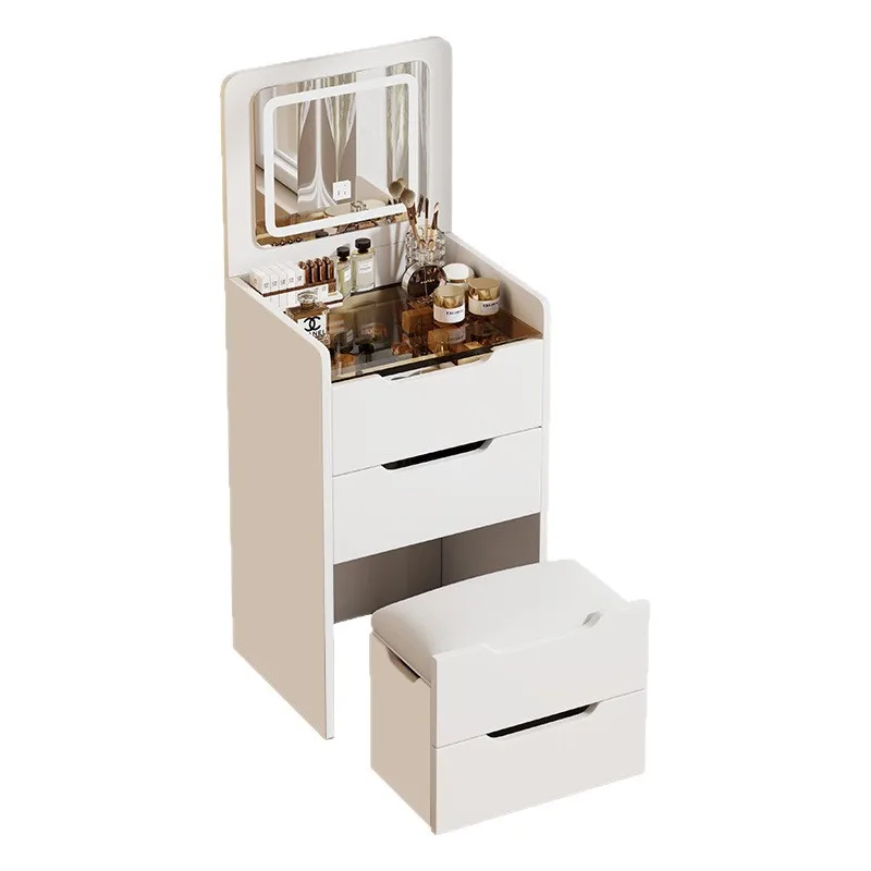 Cómoda moderna y sencilla de estilo crema, pequeño apartamento, dormitorio, gabinete de almacenamiento para el hogar, se puede voltear con taburete, mesa de maquillaje integrada