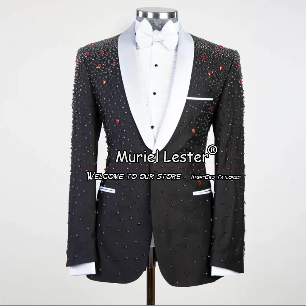 Formal Men's 2 Piece Tuxedo Handmade Stone Stitched White Lapel Black Jacket Pants Groom Wedding Suits Male Fashion Clothing Set