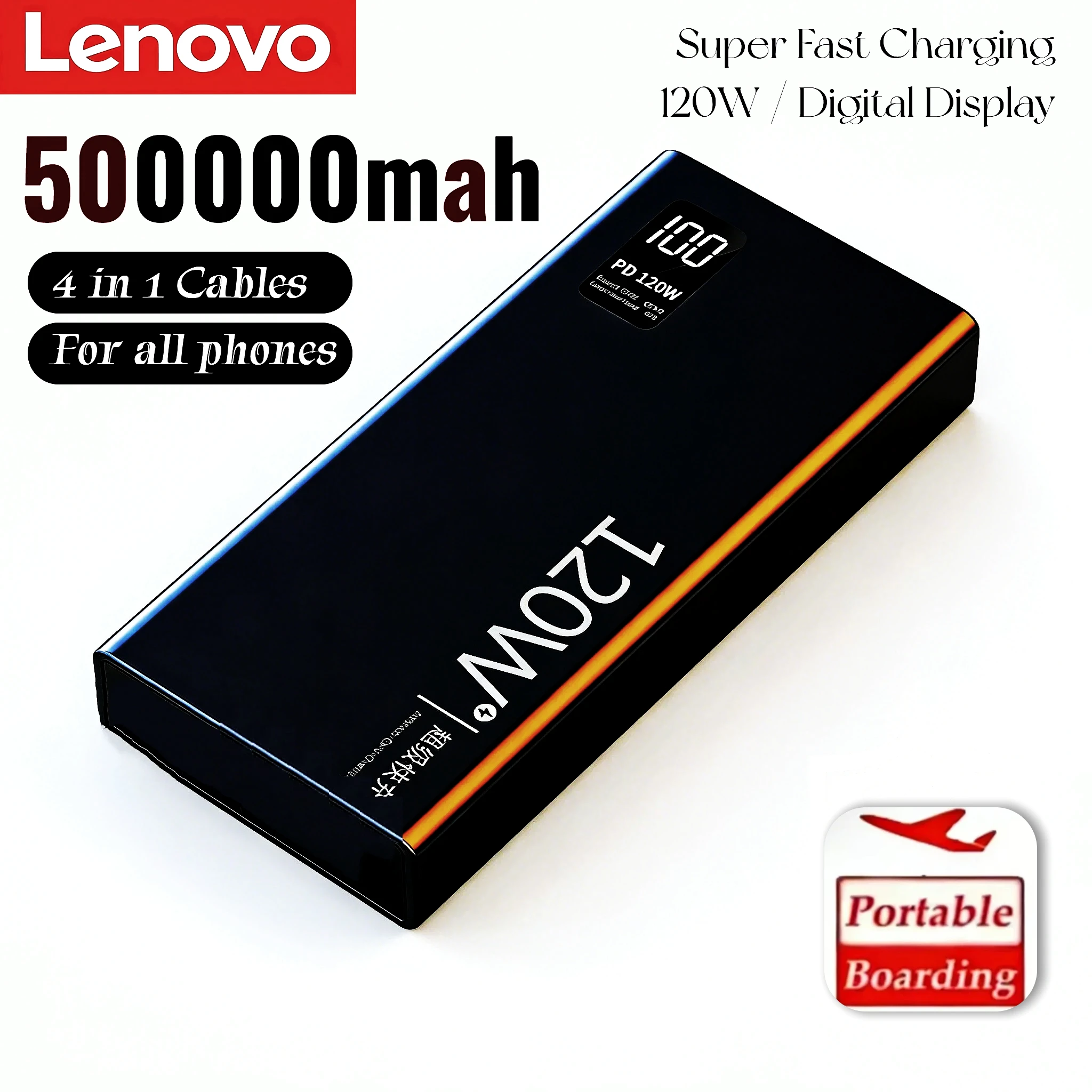 

Портативное зарядное устройство Lenovo 120W Power Bank 200000 мАч, высокая емкость, быстрая зарядка, с портативными кабелями 4-в-1, портативное зарядное устройство для iPhone Samsung