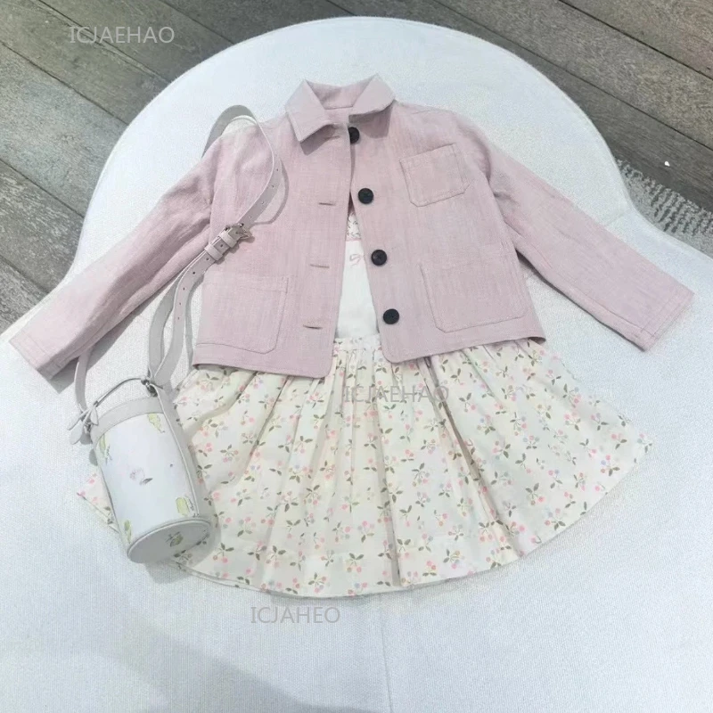 New Autumn Girls Single Breasted Jacket Pink Solid Color Top Coat Outerwear Teenagers Kids Youth Fashion Casual Clothing Spring