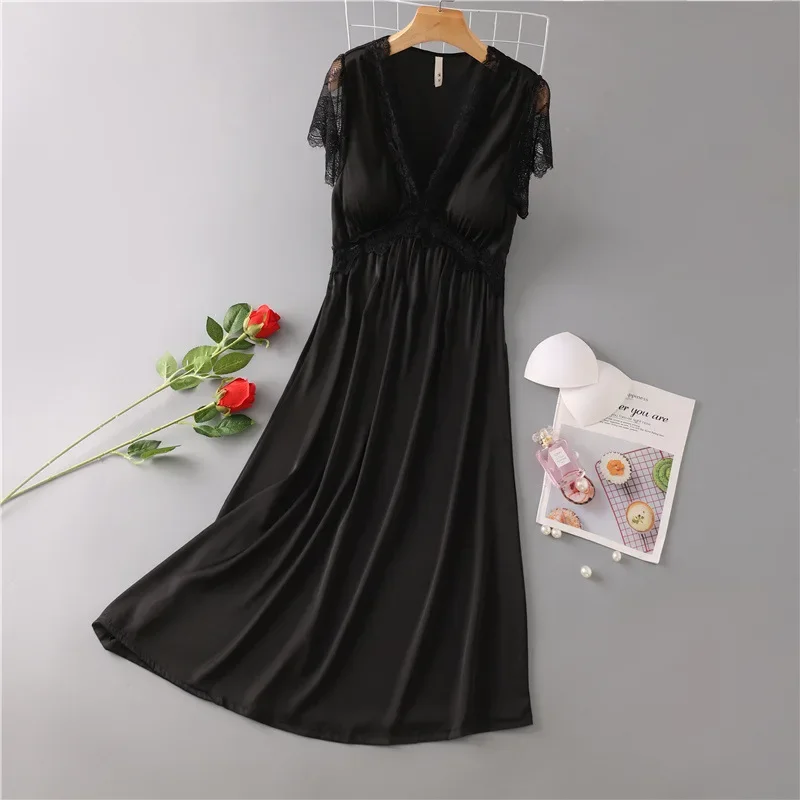 Summer New Sexy Nightgown Satin Long Sleep Dress For Women Lace Patchwork Nightdress Intimate Lingerie Loose Sleepwear Homewear