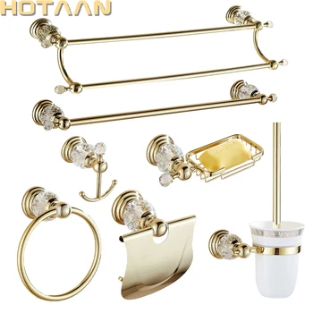 Luxe Kristal Goud Kleur Badkamer Accessoires Set Goud Gepolijst Messing Bad Hardware Set Wandmontage Badkamer Producten banheiro