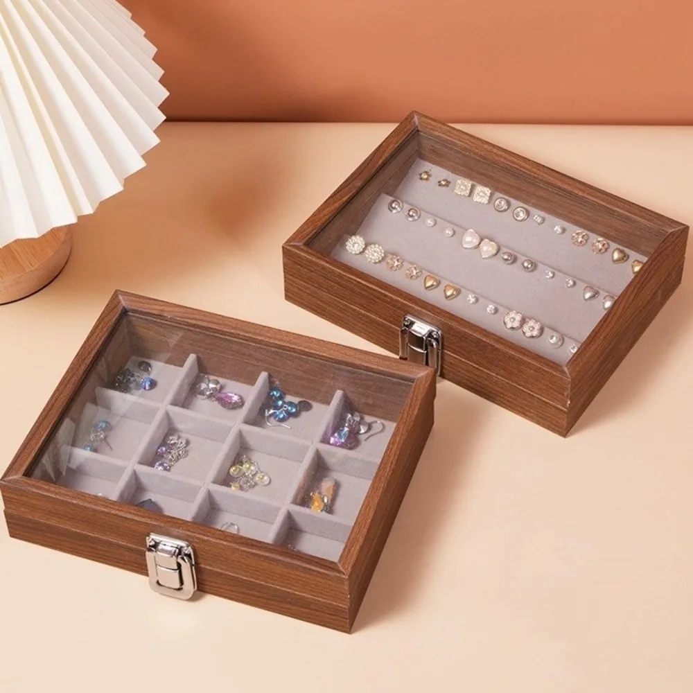 صندوق مجوهرات بلون الجوز من الخشب الصلب مع غطاء وخاتم وقلادة صندوق تخزين غطاء شفاف صندوق عرض مجوهرات مقاوم للغبار أساور