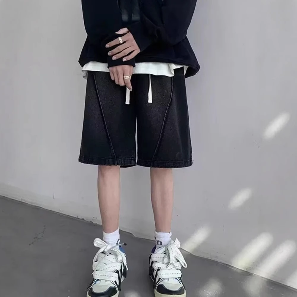 Men Summer Vintage Washed Denim Shorts Loose Design‑Oriented Jodhpurs American Retro High Street Trendy Five‑Point Denim Pants