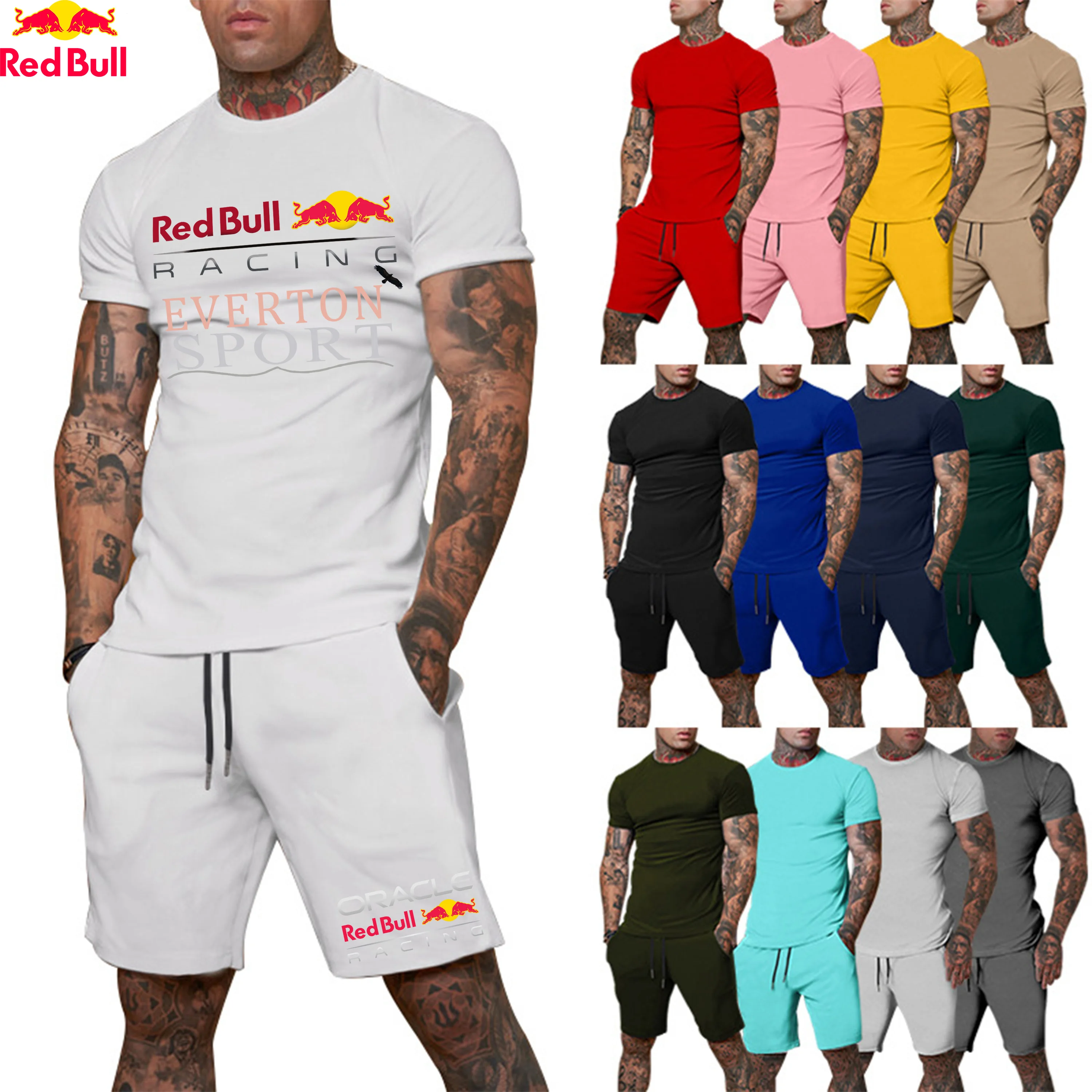 

2025 New Summer Men's Red Bull Racing Short Sleeve+Shorts 2-piece Jogging Set, Men's Casual Set 12 Colors, M-3XL Outdoor Sports