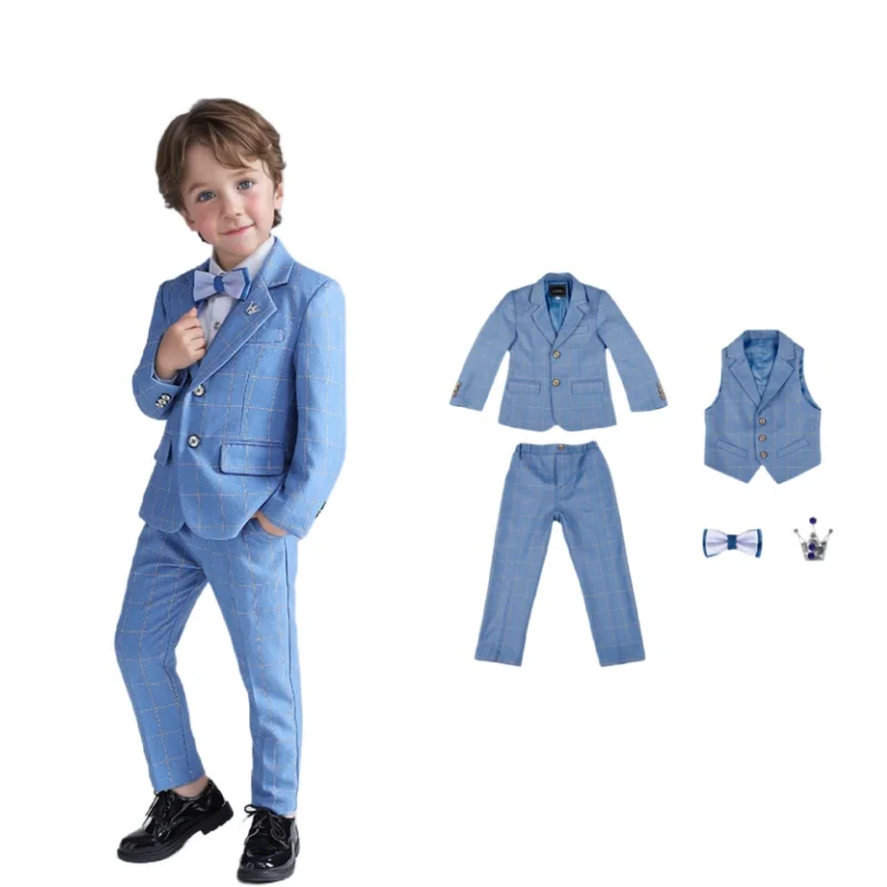 Children's Spring Autumn Formal Dress Suit Flower Boy Wedding Costume Kids Blazer Vest Pants Bowtie Brooch Clothes Set
