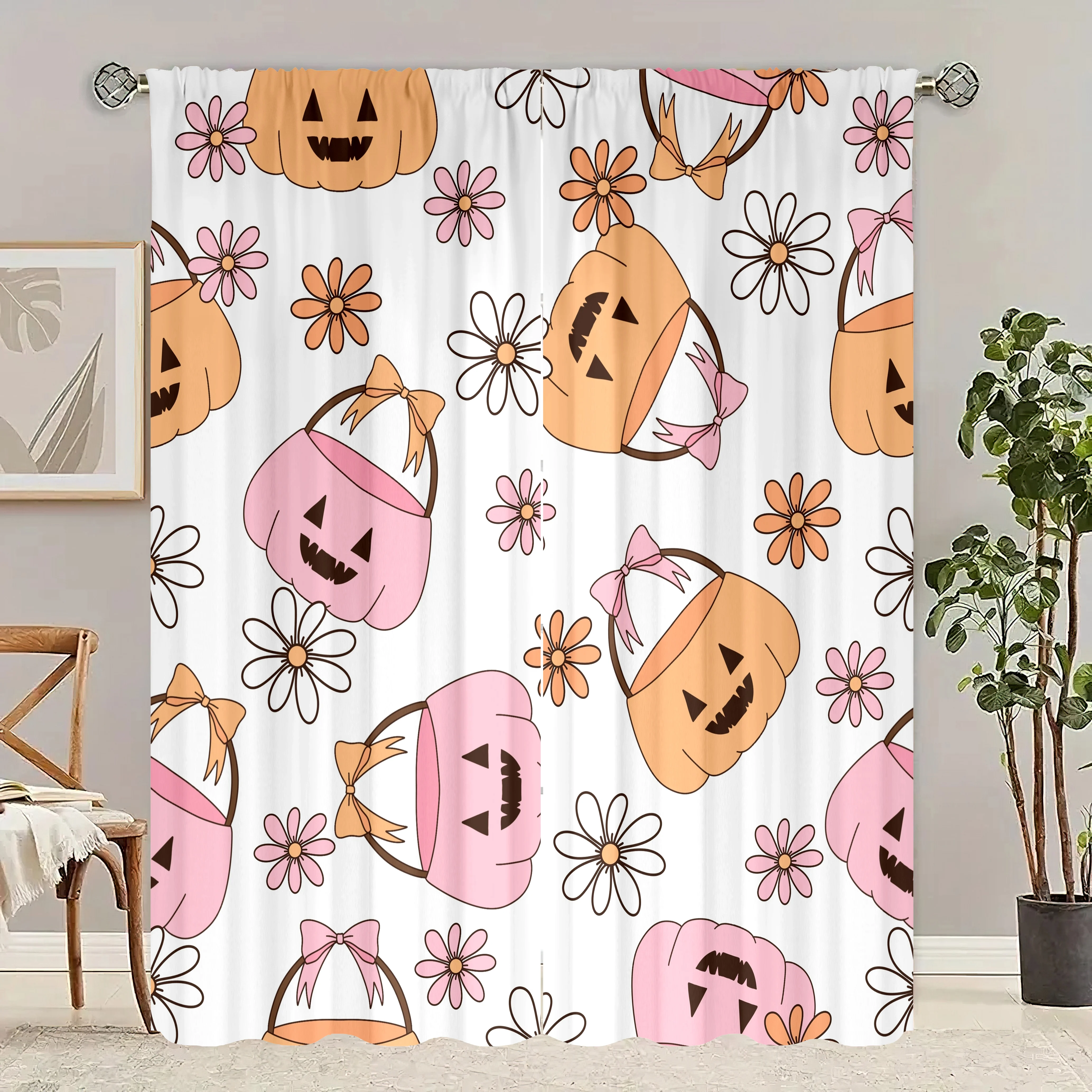 

Spooky Halloween Print Curtains 2-Piece Polyester Set for Bedroom Living Room Study Gothic Holiday Window Decor