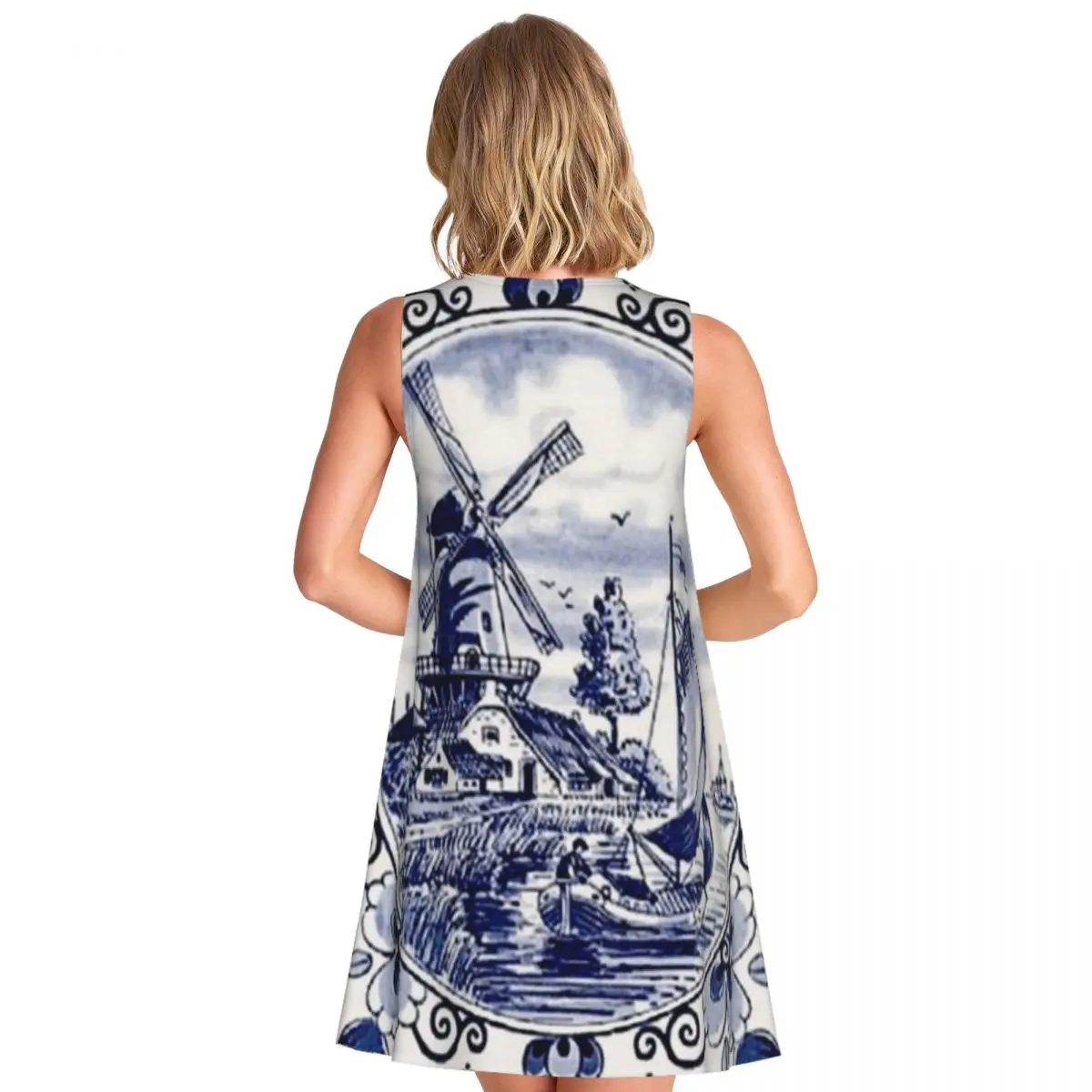 DUTCH BLUE DELFT Vintage Windmill Print Women's Sleeveless Daily Outing Flowy Dress Simple Backless Dress
