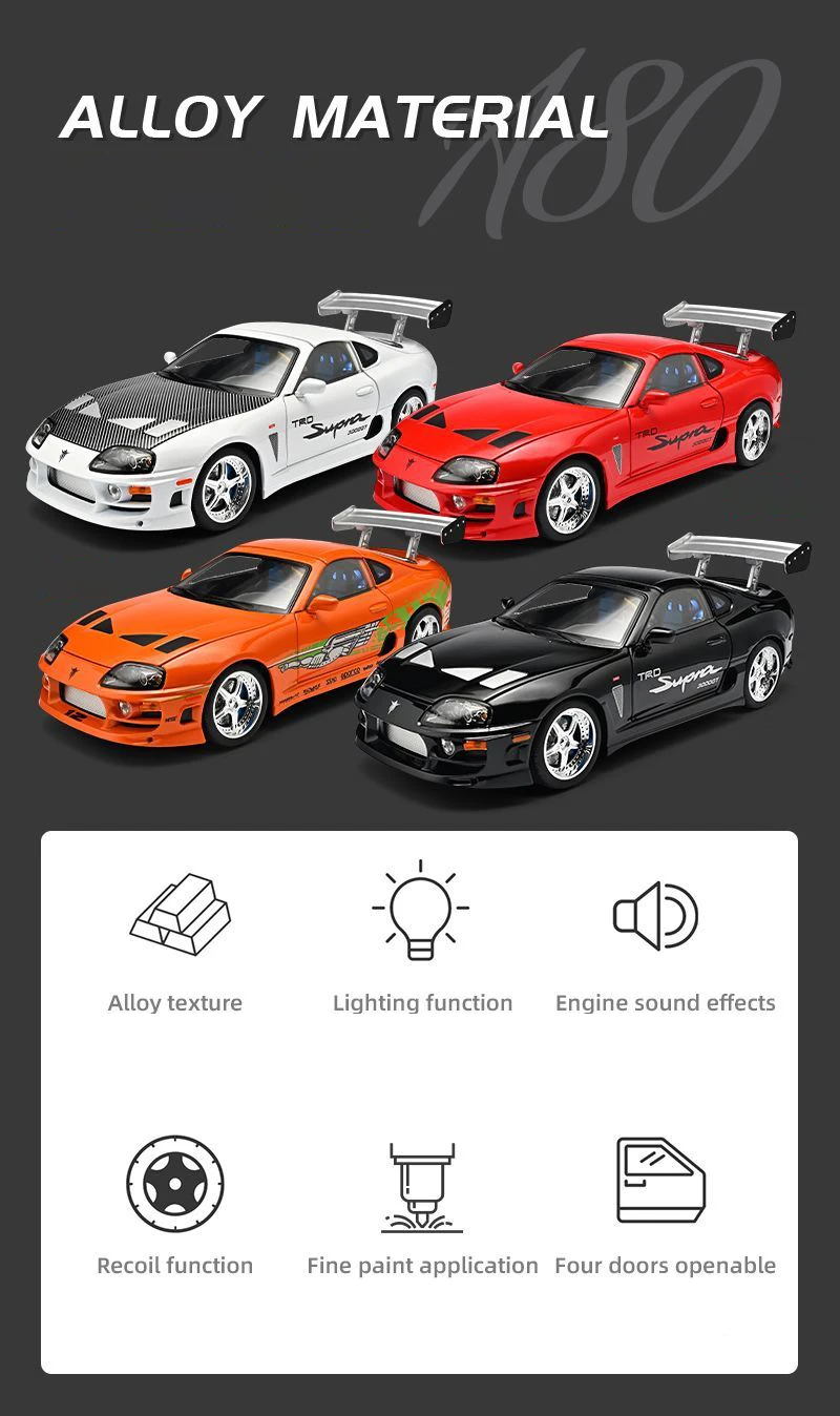 1:24 Brian Supra A80 JDM Supercar Alloy Car Model Sound and Light Pull Back Car Model Collectibles Birthday Gift