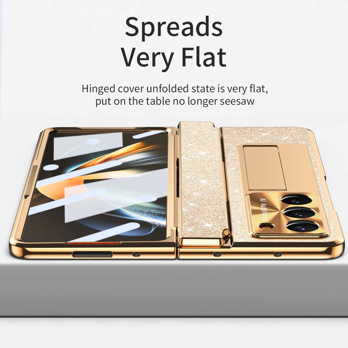 For Samsung Galaxy Z Fold 5 Z Fold 4 Z Fold 3 5G Case with Screen Protector Luxury Frosting One-Piece Plating Stand Cover Gold