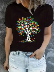 Drzewo życia świadomość autyzmu Puzzle drzewo damskie koszulki koszulki z krótkim rękawem koszulki dla kobiet adies Tshirts damskie t-shirty