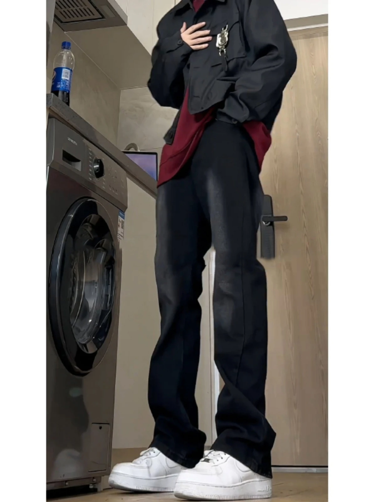 Calça Jeans Masculina Estilo Retrô Americano, Lavagem Degradê Preto e Cinza, Denim Slim Reta, Tendência Urbana, Perna Reta Mi...