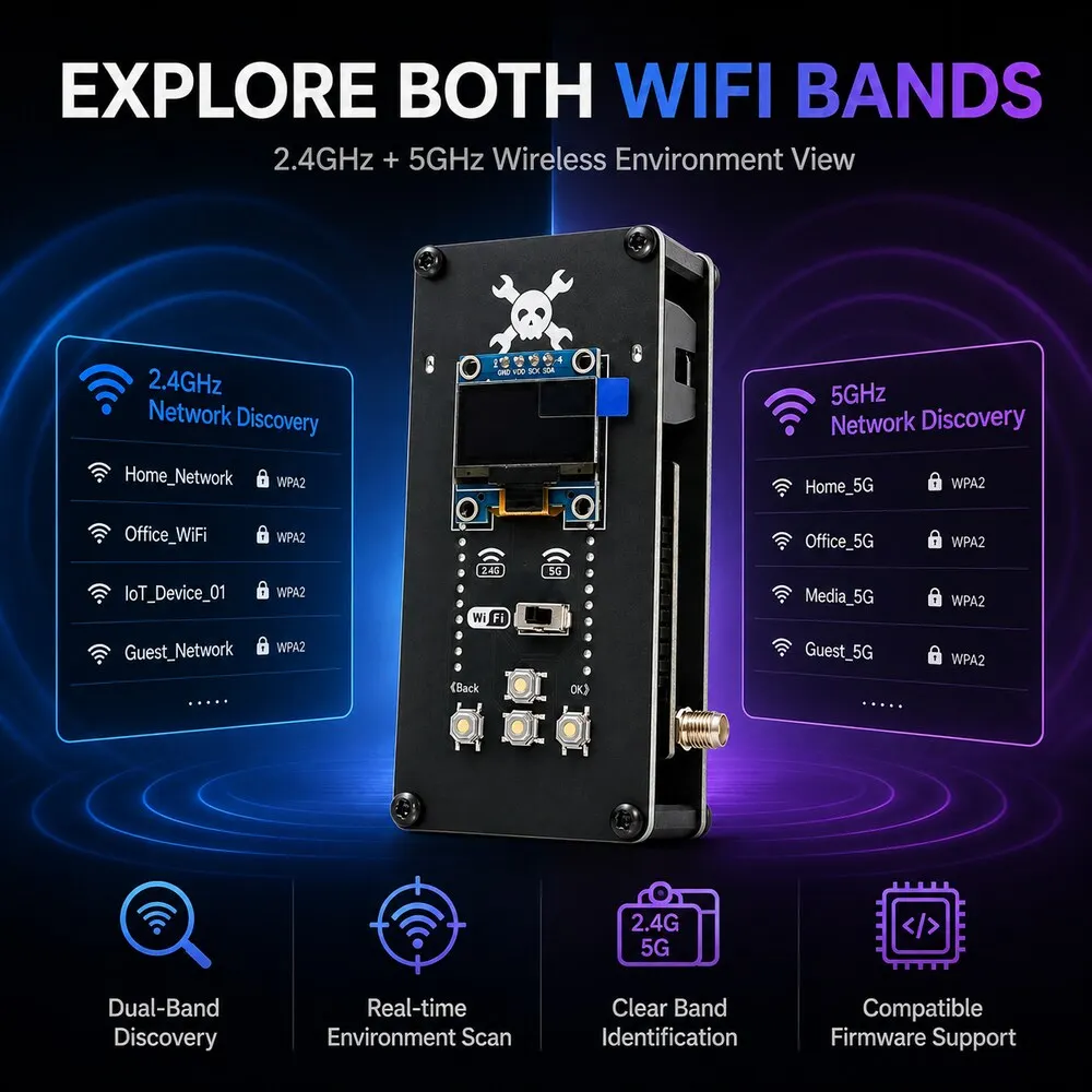 DualScope W5 ESP32 Dual-Band-WiFi-Scanner Drahtloses Entwicklungsboard 2,4GHz 5GHz mit OLED-Display für Netzwerkanalysen – Detail 3