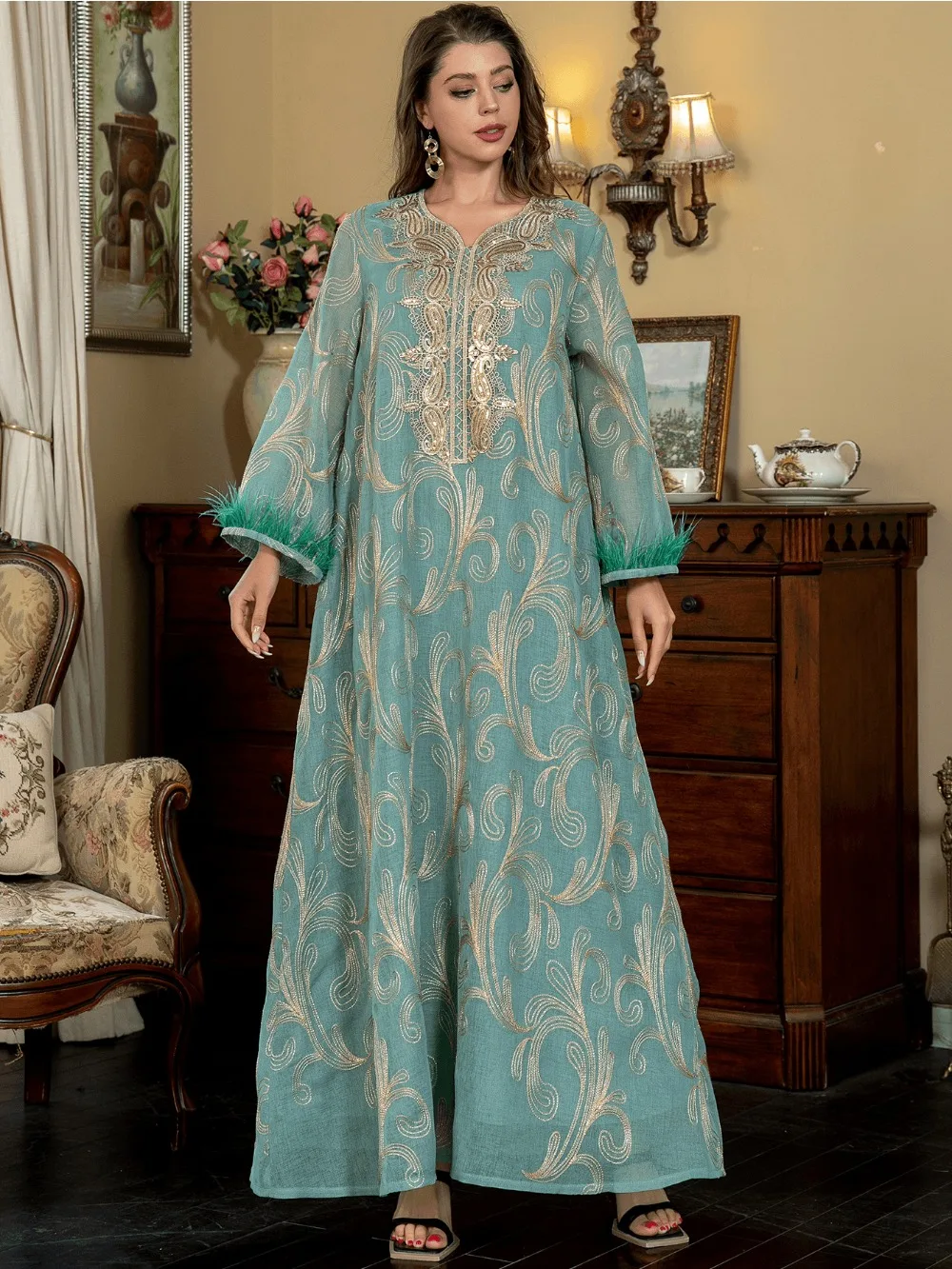 Robe musulmane Eid pour femmes, Abaya, broderie de plumes Jalabiya, robes de soirée, dubaï Abayas, robe caftan, longue robe arabe éducative, 2024