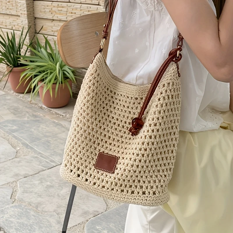 

Fashion and Versatile Beach Style Single Shoulder Armpit Bag, Knit Hollowed Out Seaside Vacation Tote Bag, Women's Travel Bags