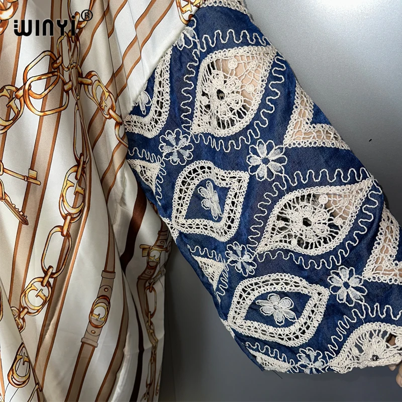 WINYI 着物風アフリカ風マキシ丈ワンピース ビーチウェア カバーアップ アバヤ ドバイ風ラグジュアリーカーディガン ビーチウェア レディース ホローカウボーイ袖コート