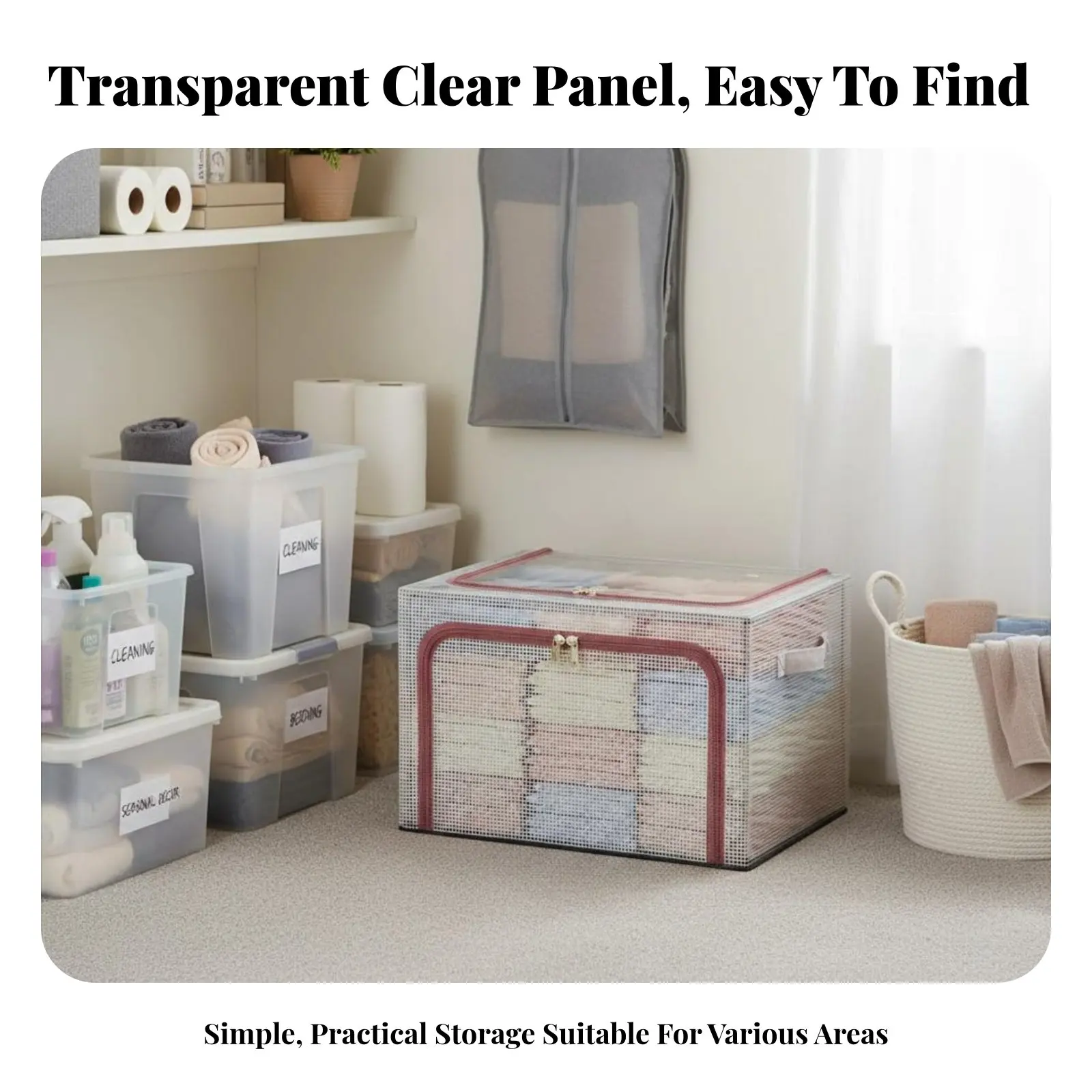

Framed Textile Storage Box Large Capacity Foldable Container with Steel Frame Stackable Two-Way Opening Zippers for Families