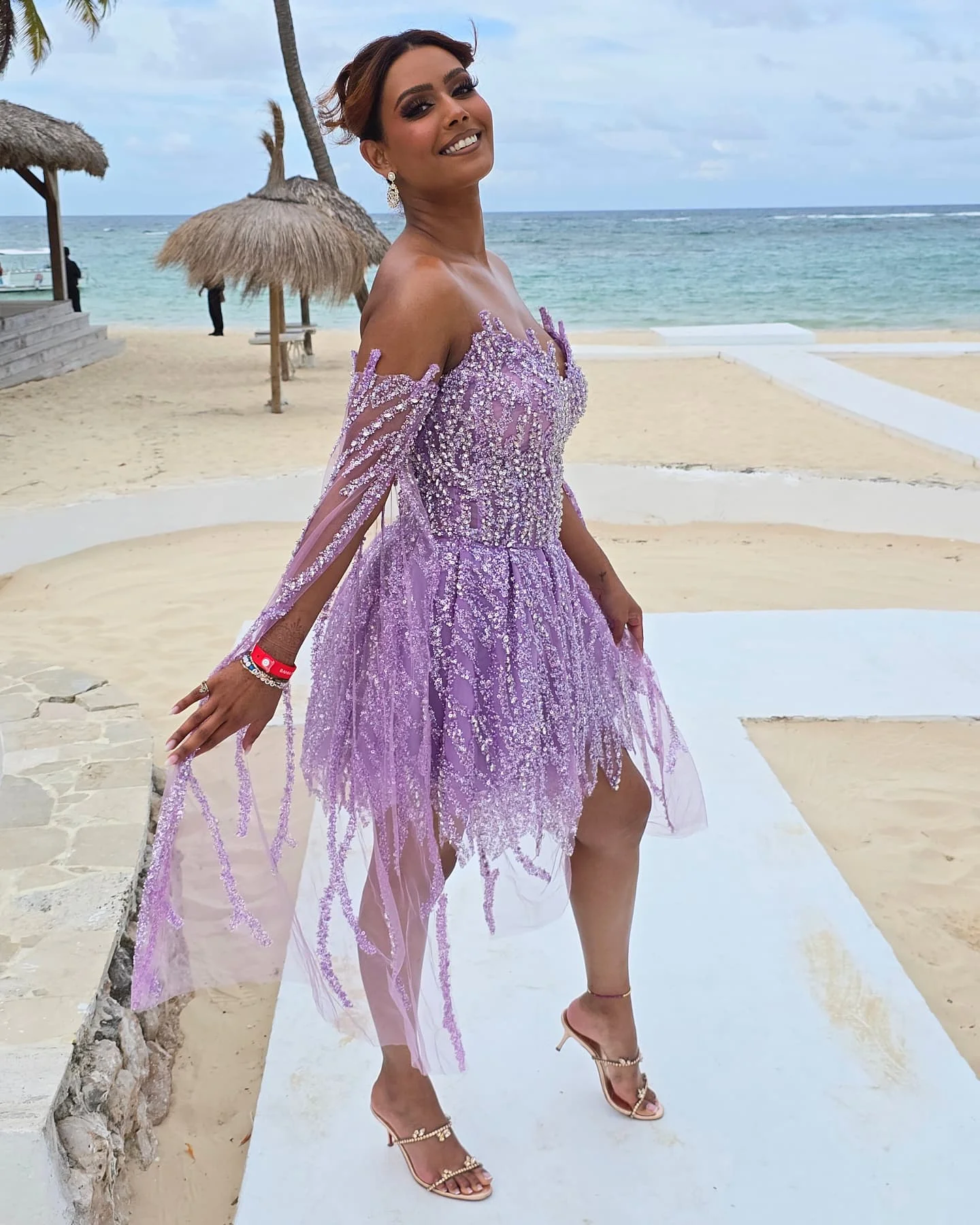 فستان لافندر مكشوف الكتفين من التول ترتر قصير على شكل حرف a لحفلات الزفاف على الشاطئ فساتين أنيقة بوهو ثوب مسائي صيفي رومانسي #2