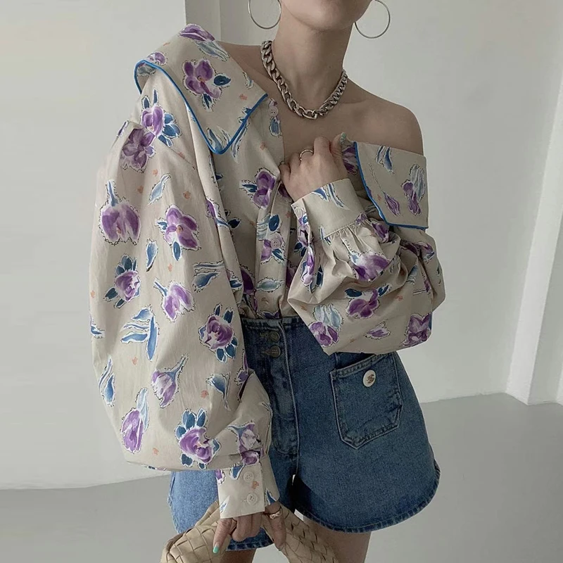 

Spring Vintage Chic Long Sve Floral Print irt Women's Loose Fit Versatile Collar Stand-Up Front Ba Wear Casual irt