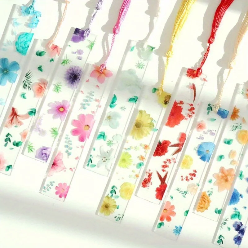 2/5Pcs Spring Style Transparent Acrylic Bookmarks Floral Design Student Learning Supplies