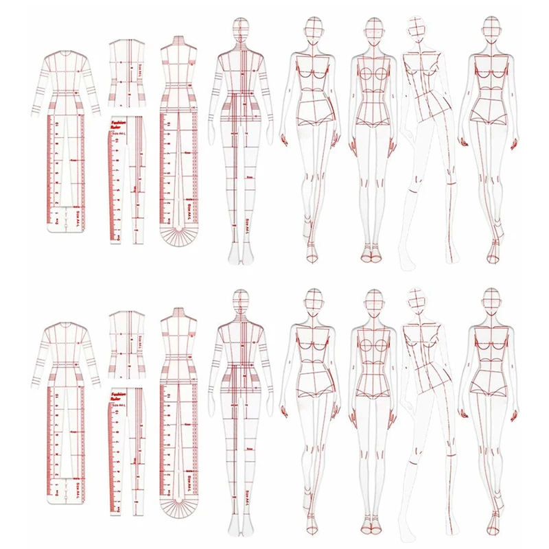 Reglas de ilustración de moda, plantillas de bocetos, regla de costura, patrones humanoides, diseño, medición de ropa