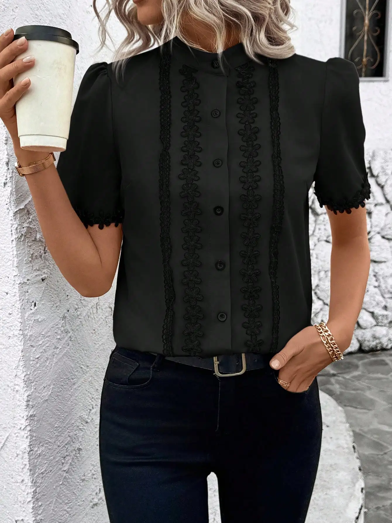 

Black Floral Lace Trim Puff Sleeve Blouse For Women