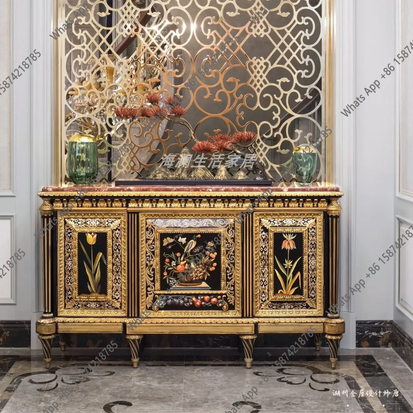 X30 French Art Painted Dining Side Cabinet American Villa Luxury Entrance Cabinet European Solid Wood Carving Flower Shoe Cabine