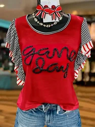 Casual Gameday Letter Striped Top Letter Pleated Blouses