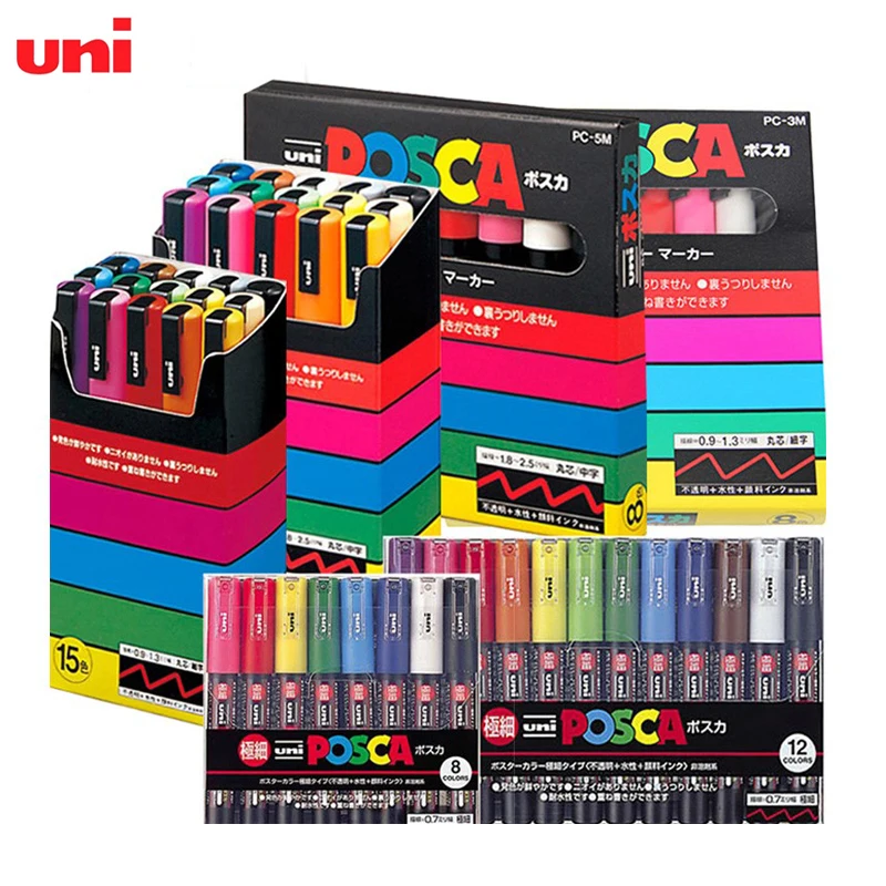 Uni Posca Paint Marker Pens Full Set PC-1M PC-3M PC-5M POP Poster Colour Water-Based Pigment Ink with Original Vinyl Pen Case