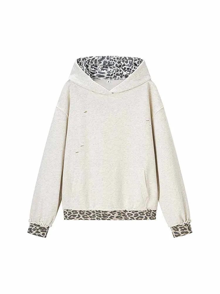 

HH женская ранняя весна мода с длинными рукавами леопардовый принт сращивание отверстий украшение толстовка с капюшоном женские топы в уличном стиле